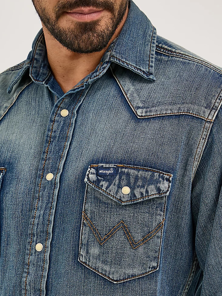 camicia da lavoro in denim western a maniche lunghe con bottoni automatici cowboy cut blu antico