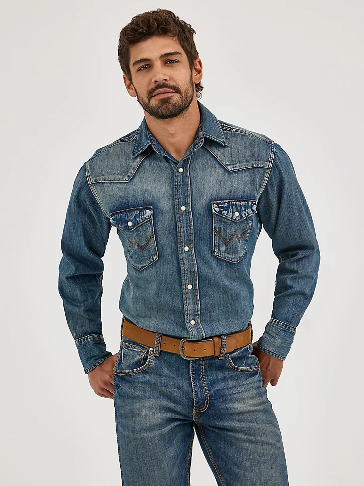 camicia da lavoro in denim western a maniche lunghe con bottoni automatici cowboy cut blu antico