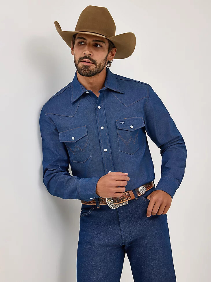 camicia da lavoro western con bottoni automatici in denim con finitura solida cowboy cut indigo denim finitura solida