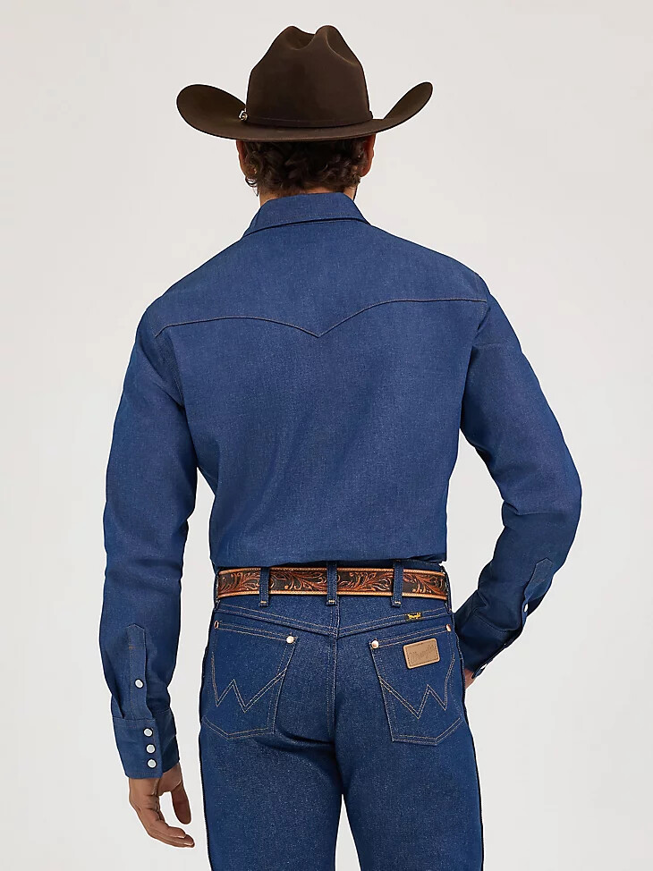 camicia da lavoro western con bottoni automatici in denim con finitura solida cowboy cut indigo denim finitura solida