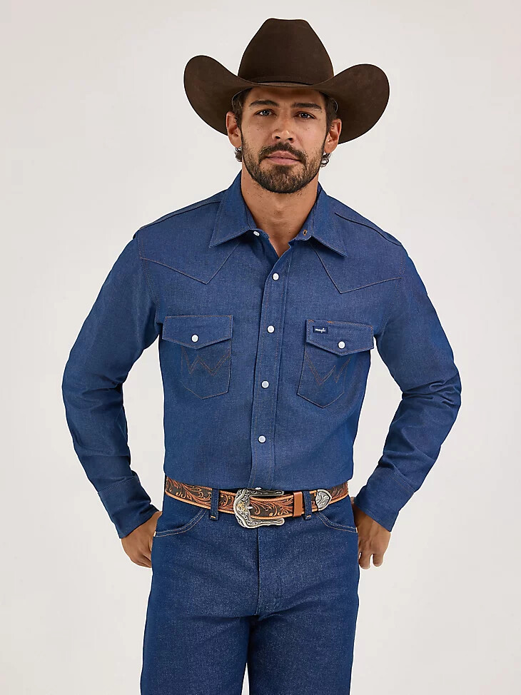 camicia da lavoro western con bottoni automatici in denim con finitura solida cowboy cut indigo denim finitura solida