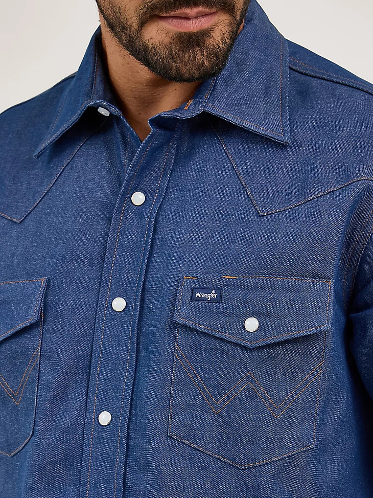 camicia da lavoro western con bottoni automatici in denim con finitura solida cowboy cut indigo denim finitura solida