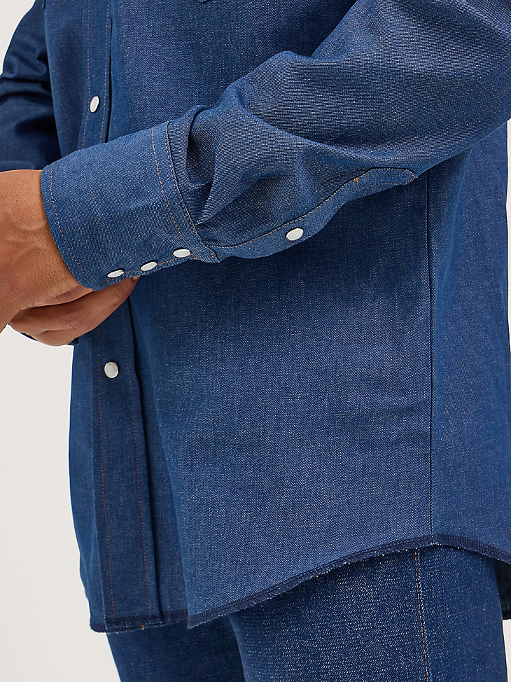 camicia da lavoro western con bottoni automatici in denim con finitura solida cowboy cut indigo denim finitura solida