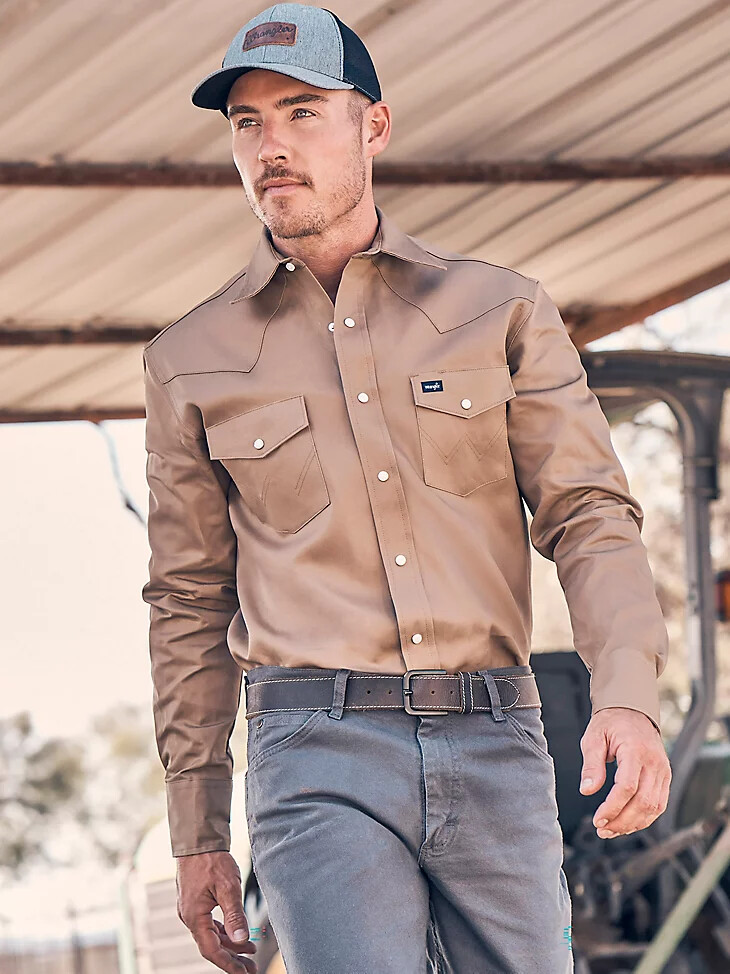 camicia da lavoro western con bottoni automatici in twill con finitura solida cowboy cut rawhide