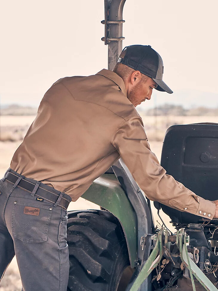 camicia da lavoro western con bottoni automatici in twill con finitura solida cowboy cut rawhide