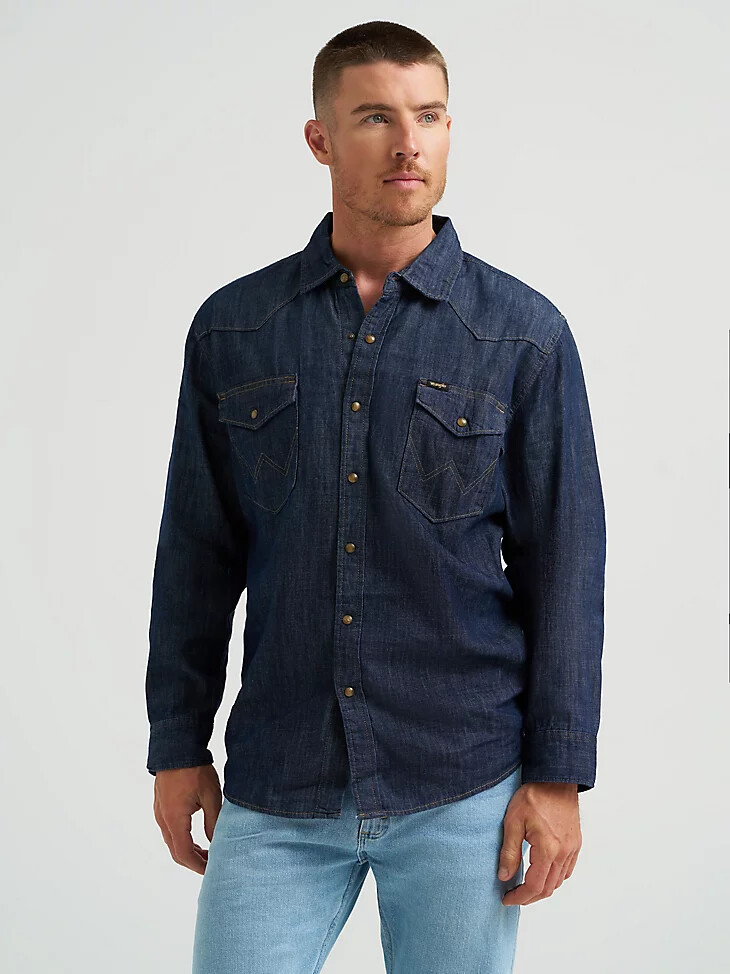 camicia da uomo in denim con bottoni automatici sul davanti stile western lavaggio