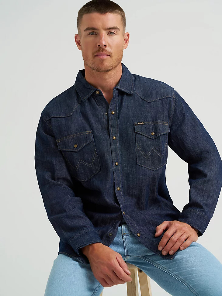 camicia da uomo in denim con bottoni automatici sul davanti stile western lavaggio